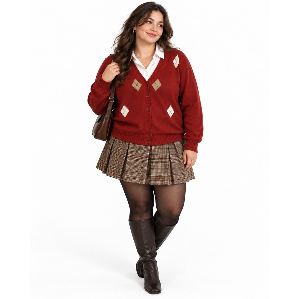 Womens 2X Maroon Argyle Cardigan Sweater Dark Academia Preppy Collegiate Teacher